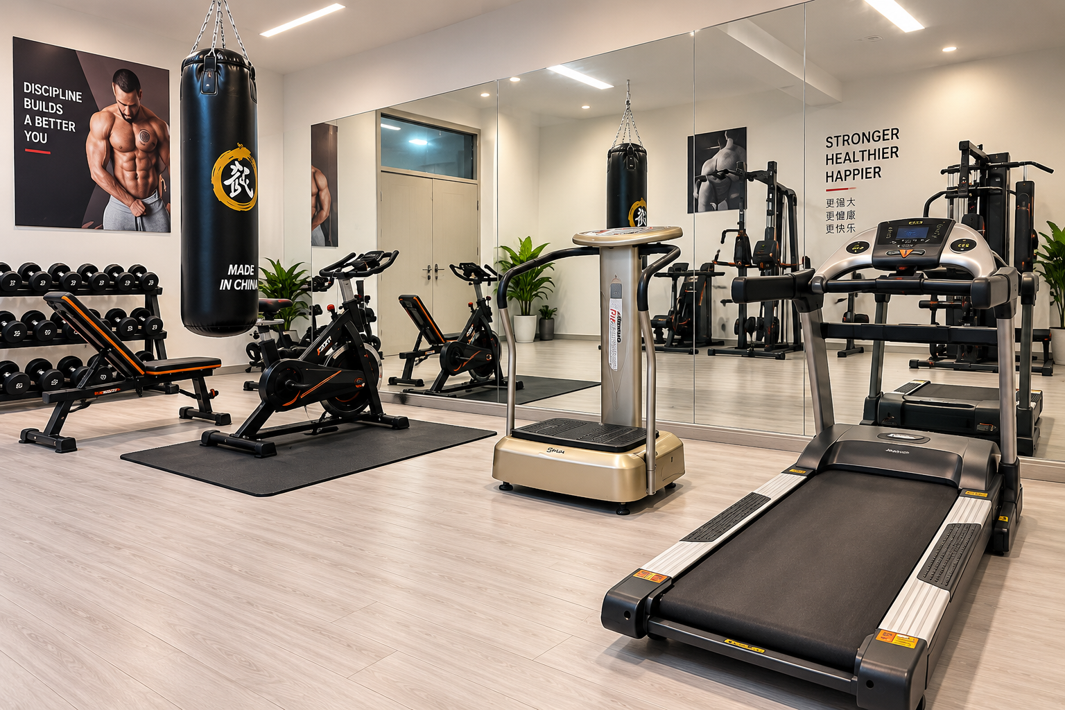 Treadmills, exercise bikes and fitness equipment in the staff gym