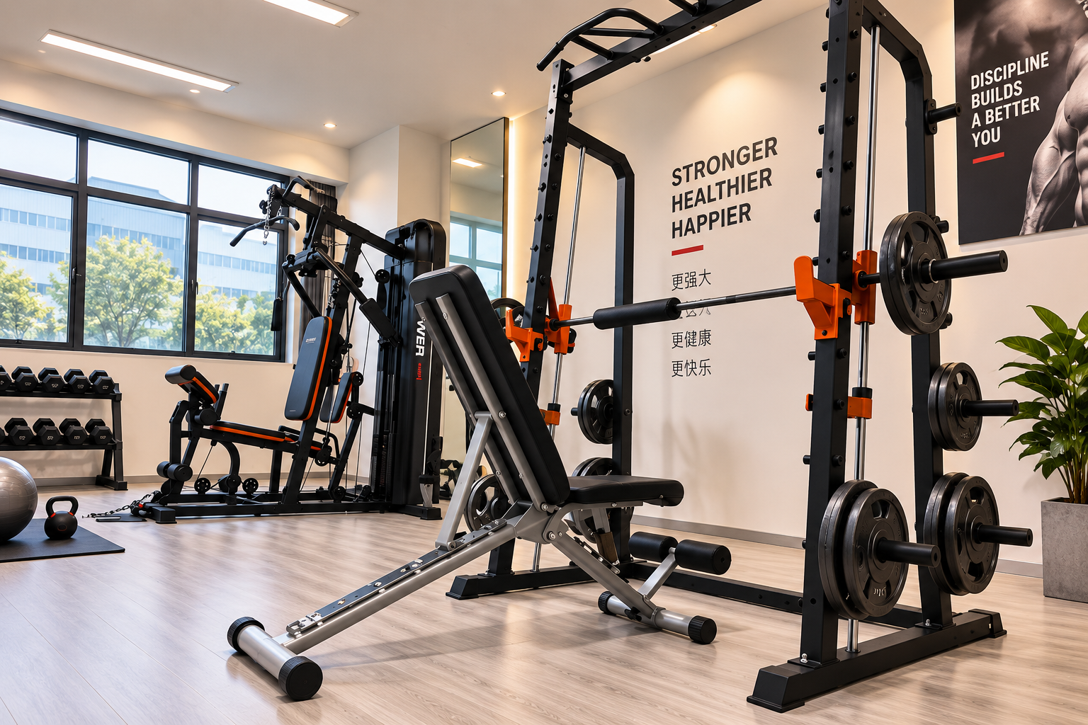 A strength training rack, bench and dumbbells in the staff gym