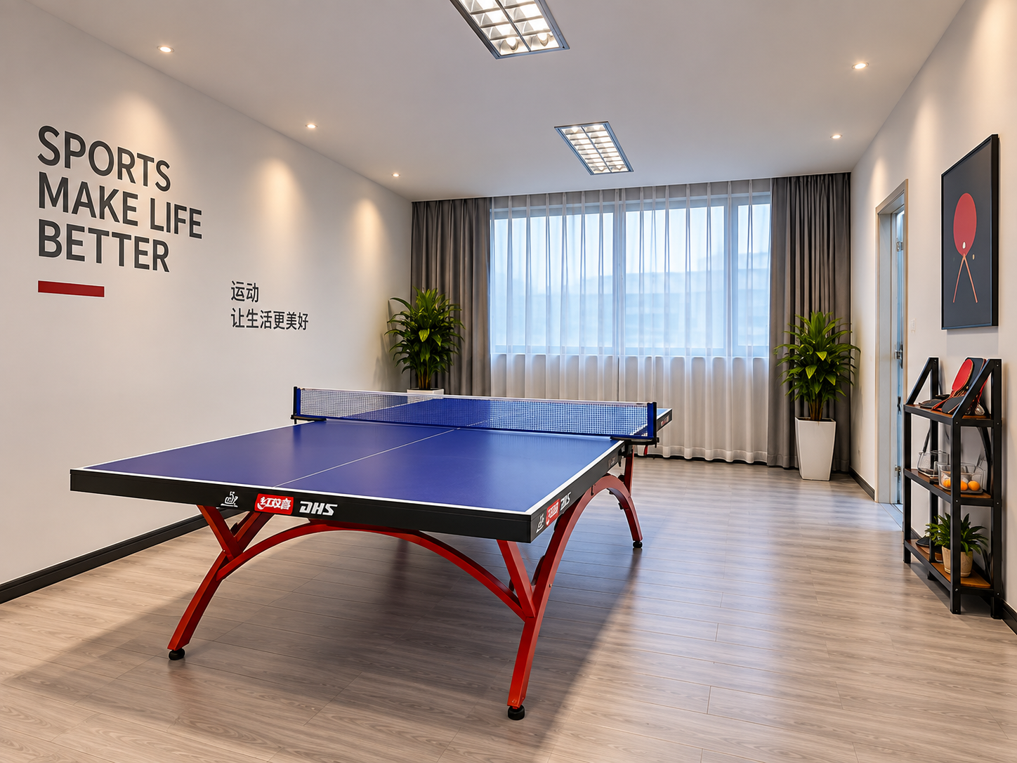 A table tennis table and paddle rack in the staff recreation area