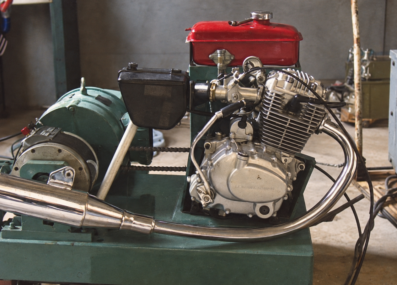 A motorcycle engine and red fuel tank installed on a test bench
