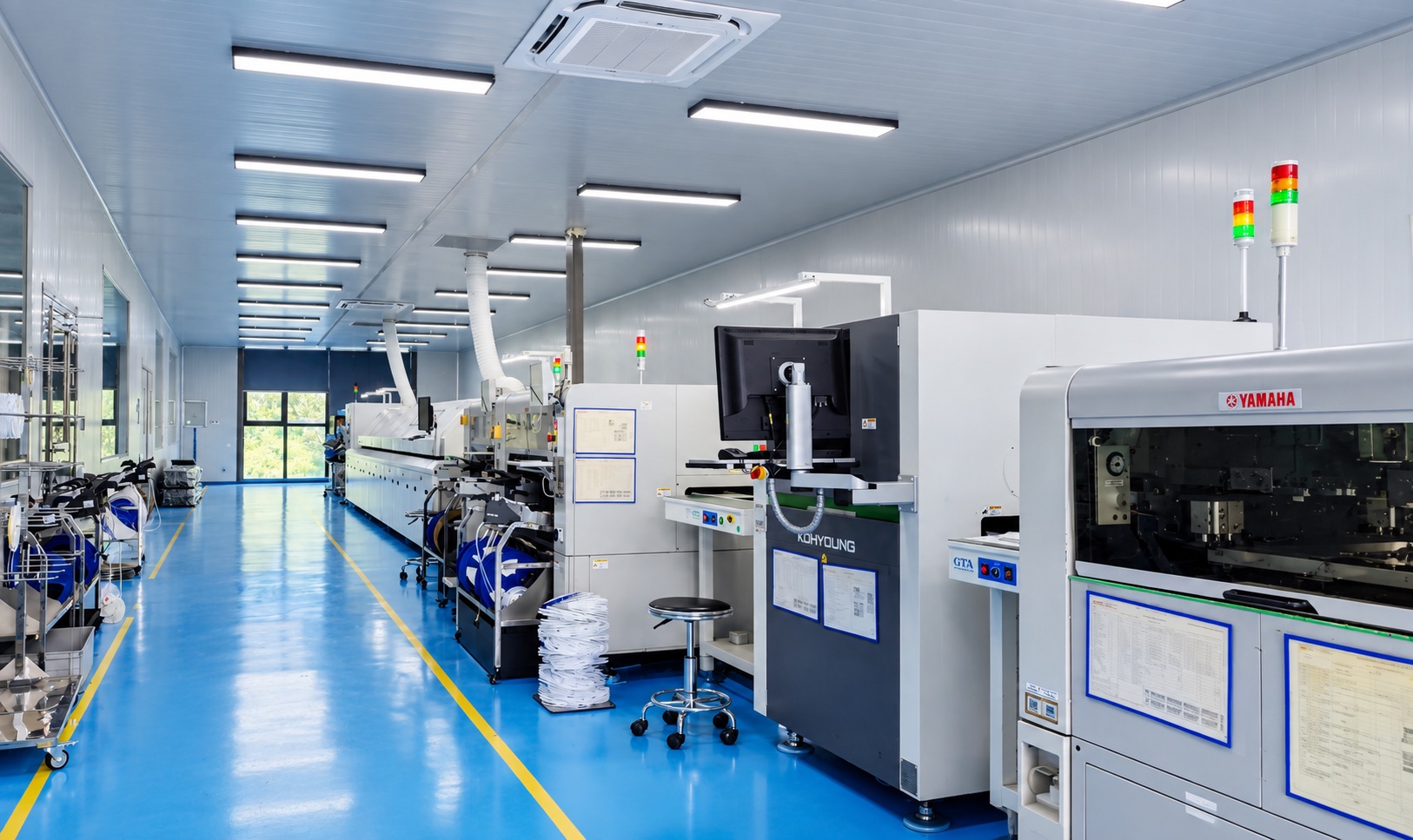 A tidy electronics manufacturing workshop with blue flooring and equipment arranged along production lines