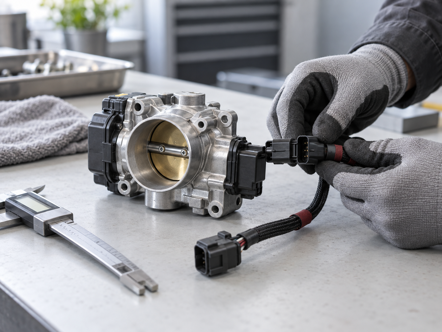 AI-generated engineering illustration: connector inspection at a workbench