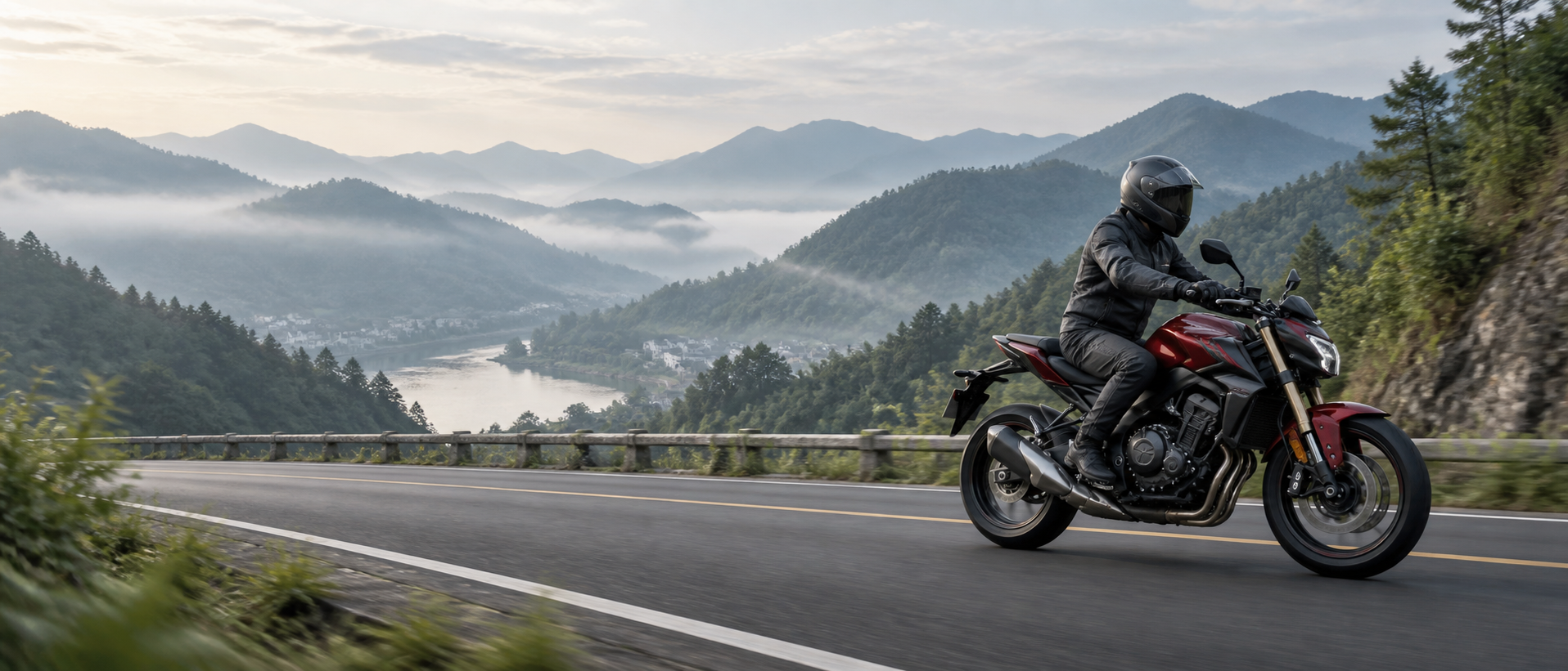 Illustration of a mountain road and a motorcycle rider