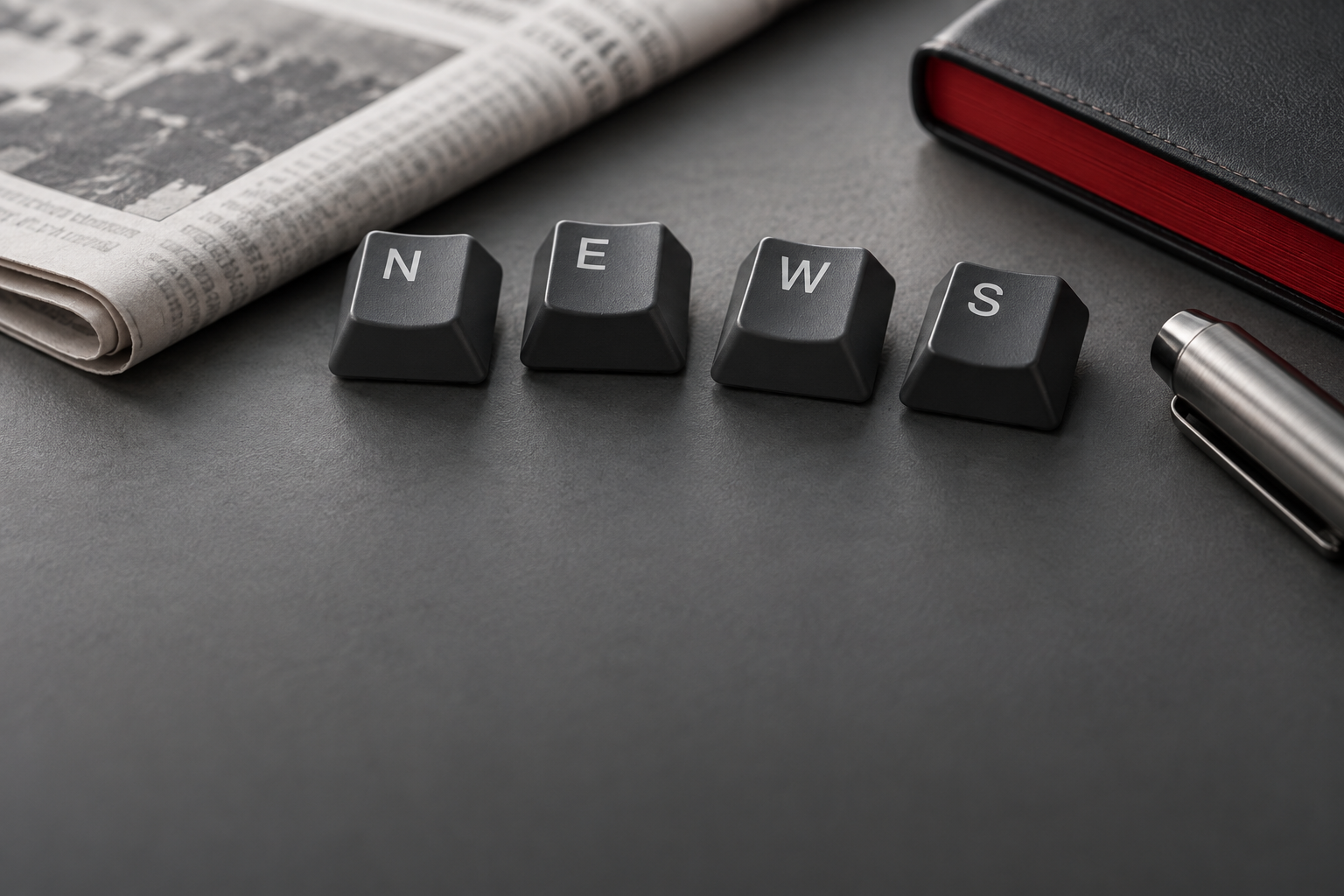 AI-generated news illustration: a gray NEWS keycap