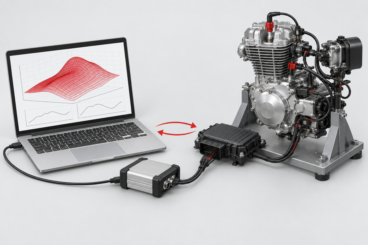 AI-generated principle illustration: a computer exchanges data with an engine controller through a calibration interface