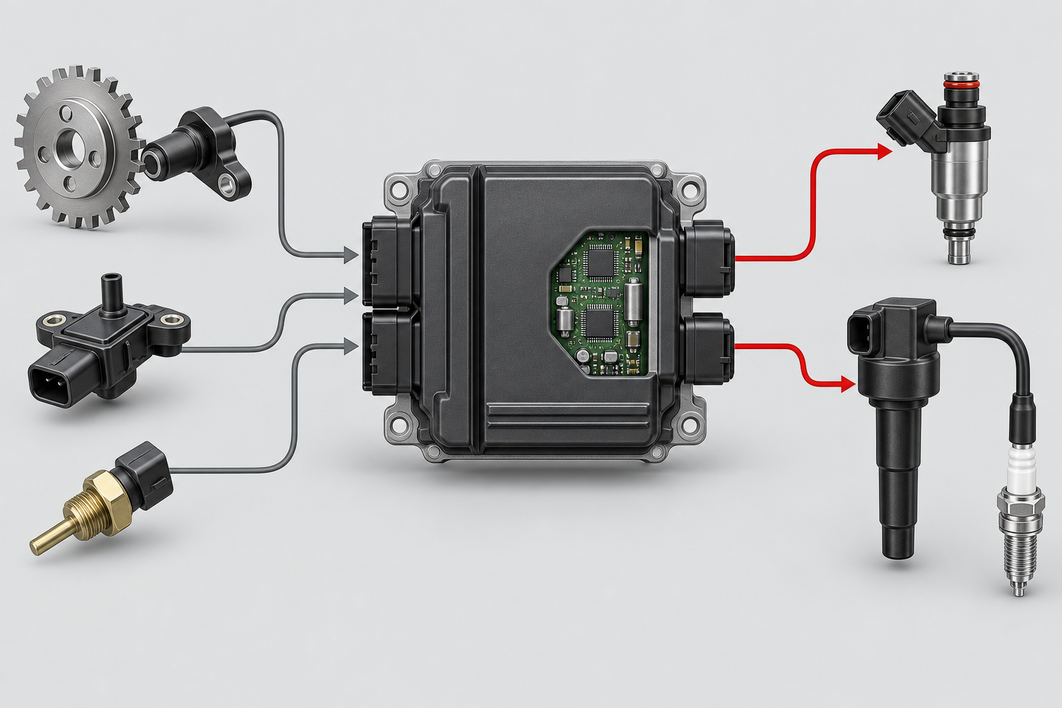 AI-generated principle illustration: position, pressure and temperature sensors provide ECU inputs, and the ECU outputs fuel injection and ignition commands