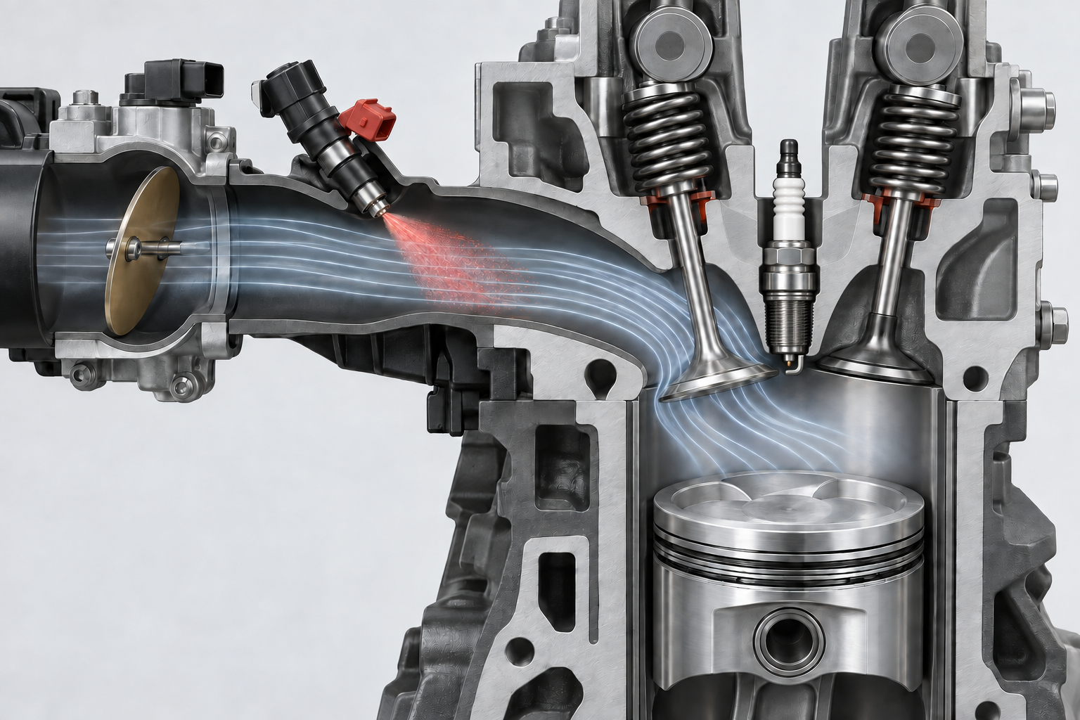 AI-generated principle illustration: a fuel injection cross-section showing the throttle, port injector and intake valve. The upper spark plug projects above the cutaway plug well; its lower threads sit in the cylinder head, with the center and ground electrodes extending into the combustion chamber across a gap.